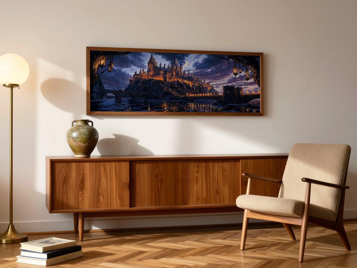 Enchanted Wizard Castle Night Panoramic Canvas Print, Fantasy Magic School Moonlit Wall Art, Dark Academia Fantasy Castle Decor