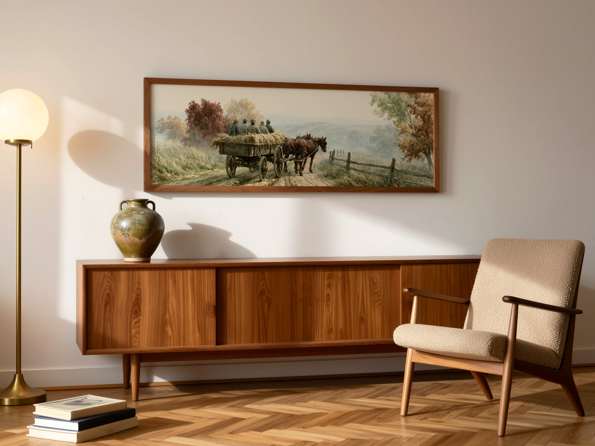Vintage Horse Wagon Countryside Panoramic Canvas Print, Autumn Landscape Rustic Farmhouse Wall Art, Country Home Art Decor