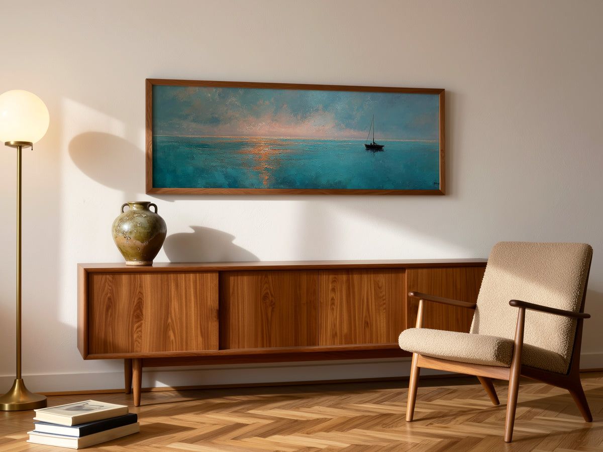 Minimalist Sailboat Ocean Sunset Panoramic Canvas Print, Peaceful Nautical Teal Seascape Wall Art, Coastal Modern Living Room Decor