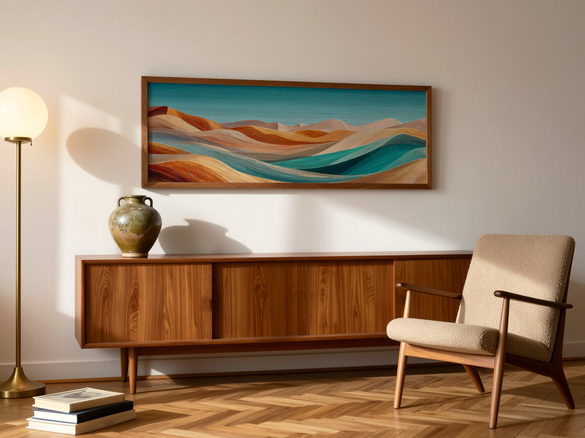 Abstract Desert Dunes Teal Orange Panoramic Canvas Print, Wavy Desert Landscape Wall Art, Boho Mid Century Living Room Decor