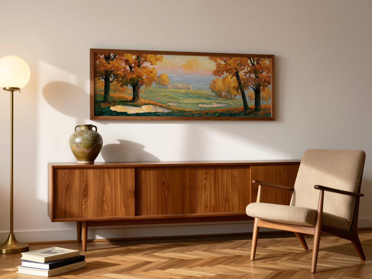 Golden Autumn Golf Landscape Panoramic Canvas Print, Impasto Fall Landscape Painting Wall Art,