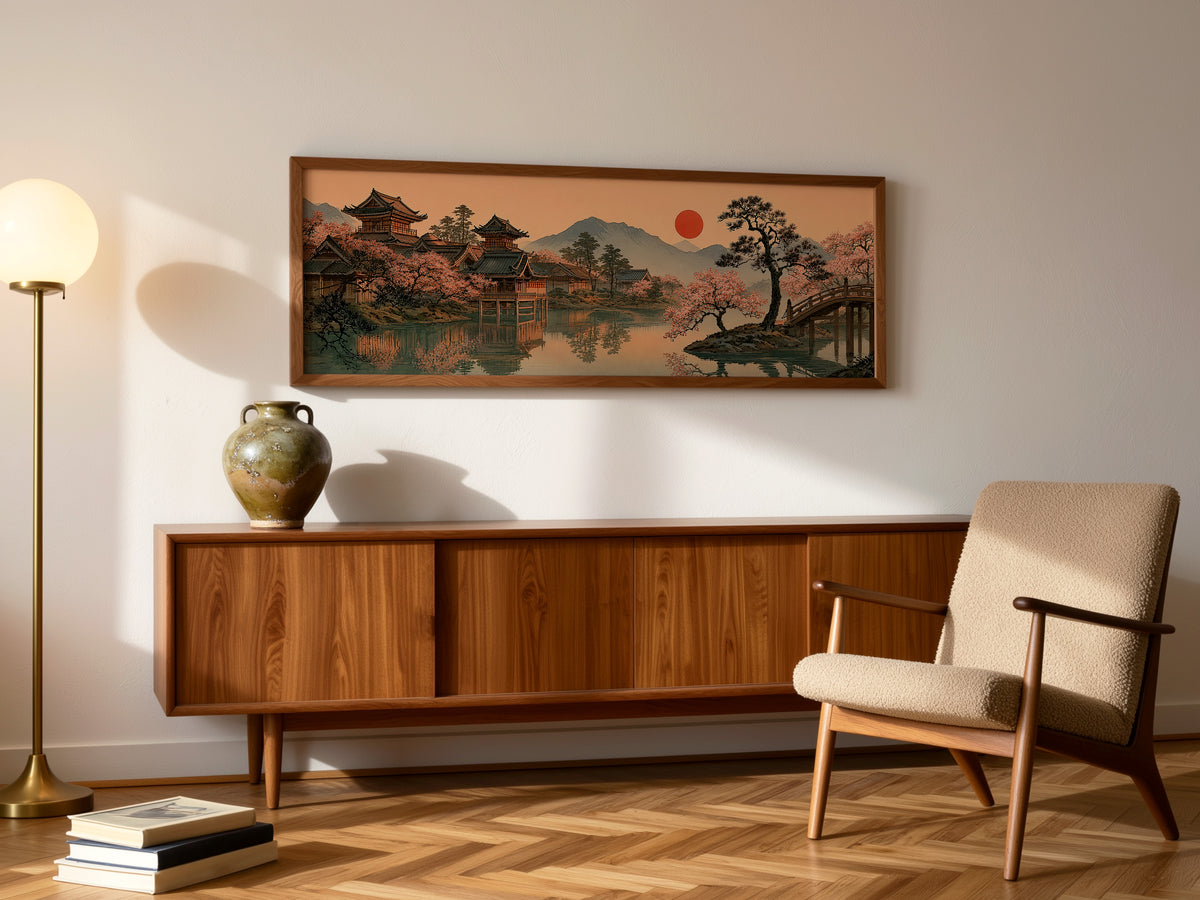 Japanese Garden Temple Panoramic Canvas Print, Cherry Blossom Red Sun Wall Art