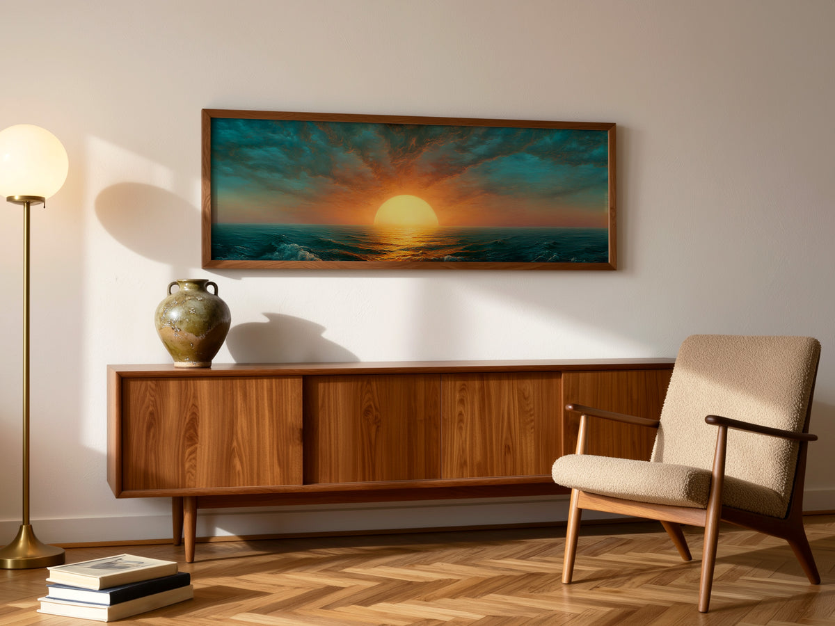 Ocean Sunset Panoramic Canvas Print, Teal Orange Sun Wall Art