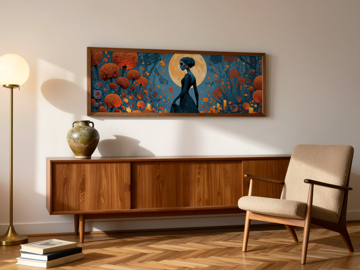 Day of the Dead Woman Marigold Moon Panoramic Canvas Print, Dia de Muertos Teal Wall Art, Moody Halloween Decor