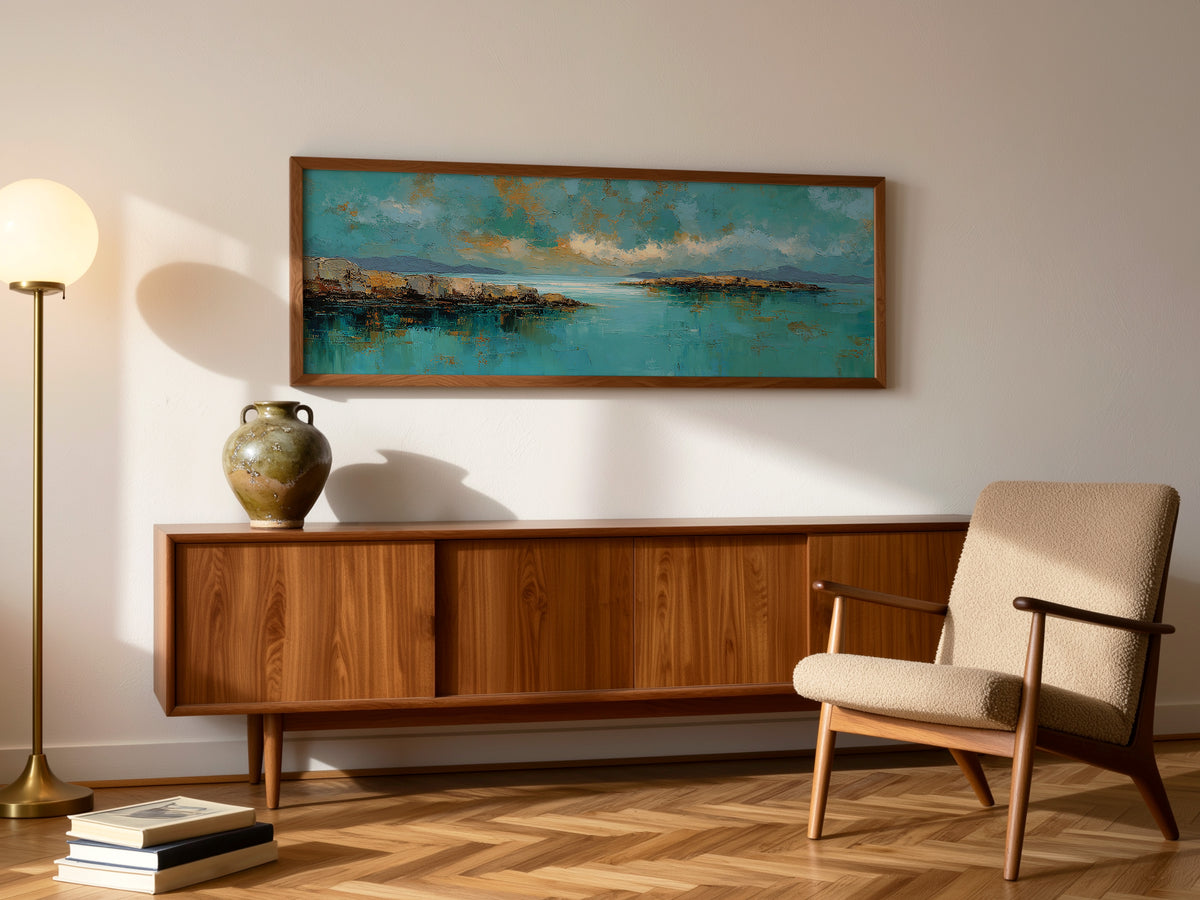 Abstract Coastal Teal Gold Panoramic Canvas Print, Impasto Ocean Sky Seascape Wall Art, Oversized Horizontal Decor