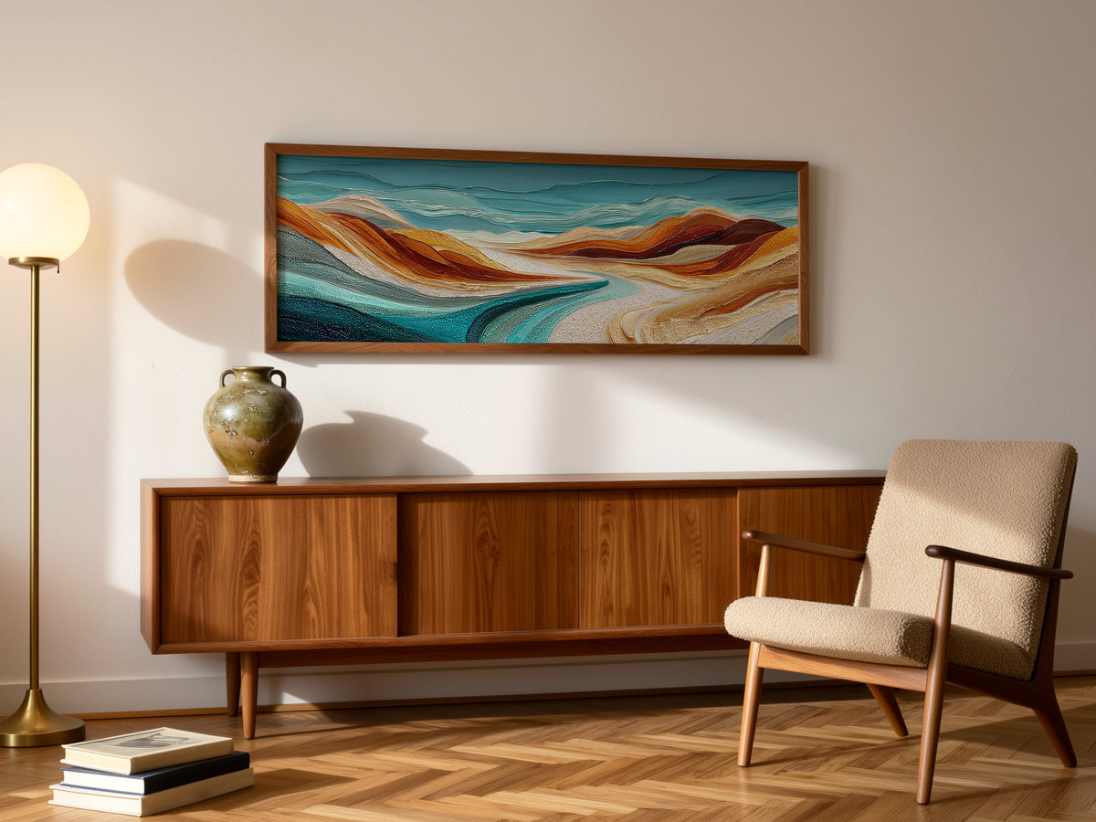 Sculptural Desert Wave Panoramic Canvas Print, Teal Orange Abstract Wall Art, Minimalist Nature Office Art Decor