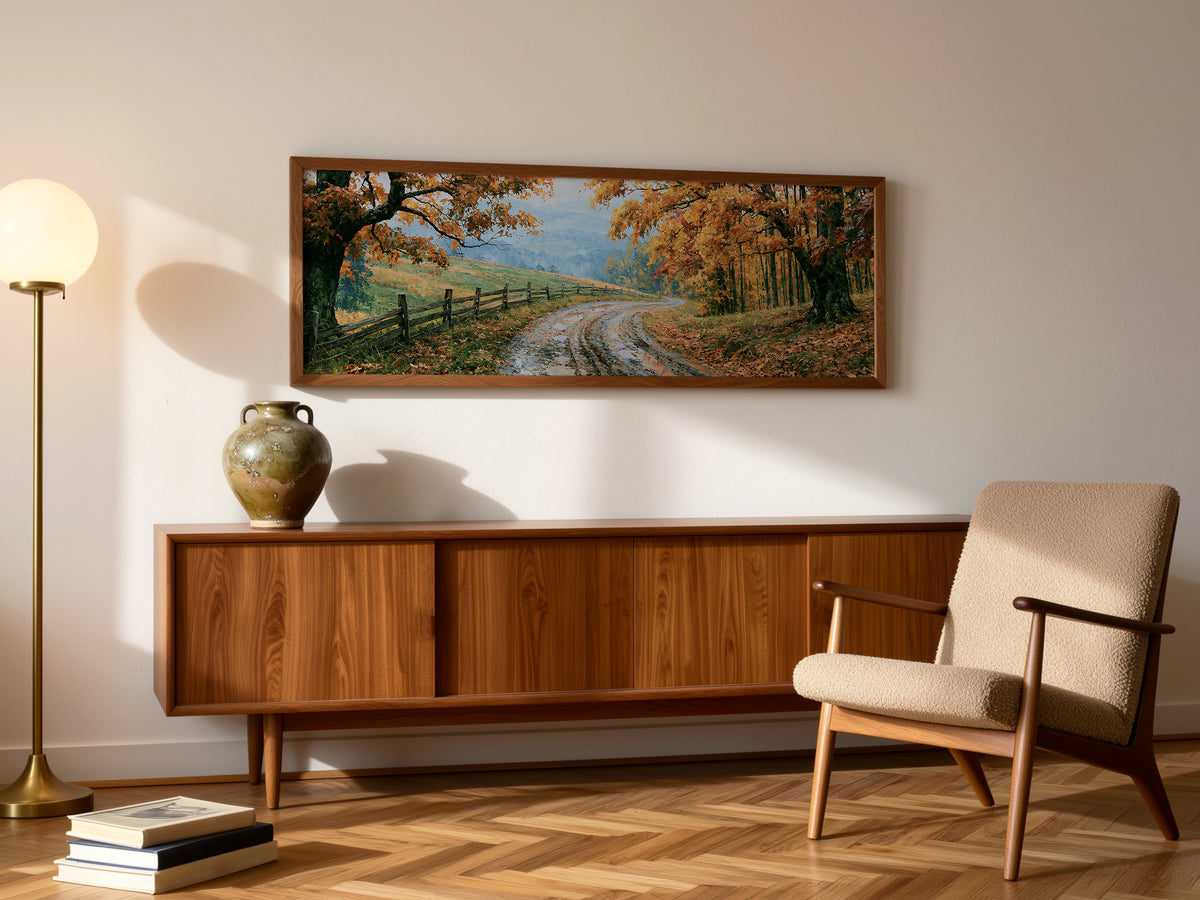 Autumn Country Road Fence Panoramic Canvas Print, Fall Orange Foliage Landscape Wall Art, Large Horizontal Over Bed Art