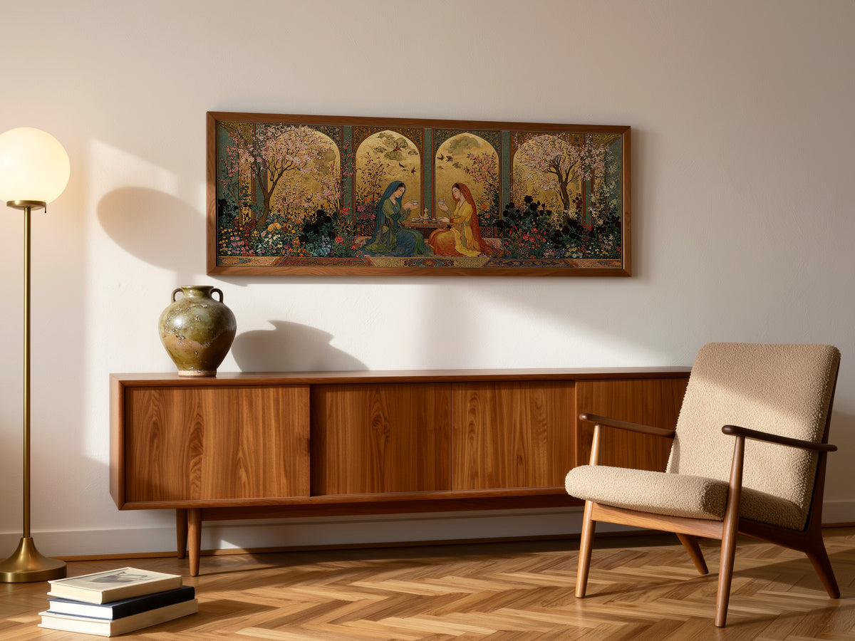 Persian Miniature Garden Panoramic Canvas Print, Islamic Floral Women Wall Art, Exotic Middle Eastern Decor
