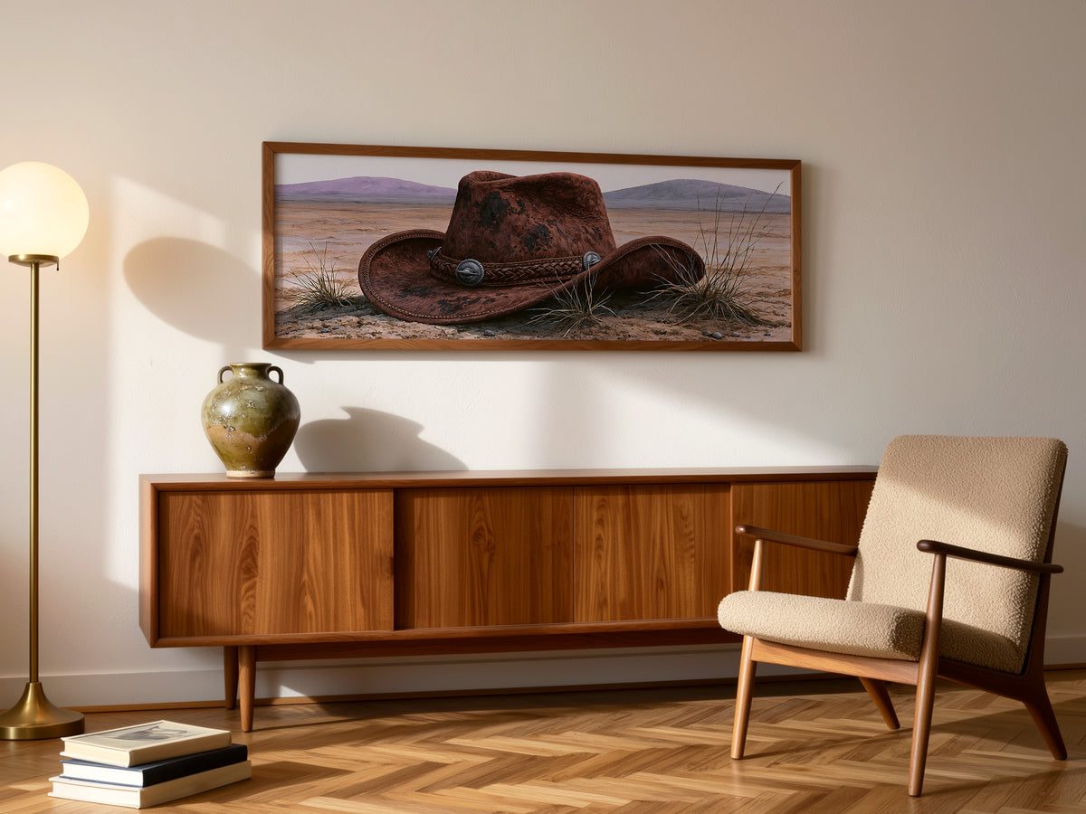 Vintage Cowboy Hat and Desert Landscape Panoramic Canvas Print, Southwest Western Wall Art, Country Living Room Decor