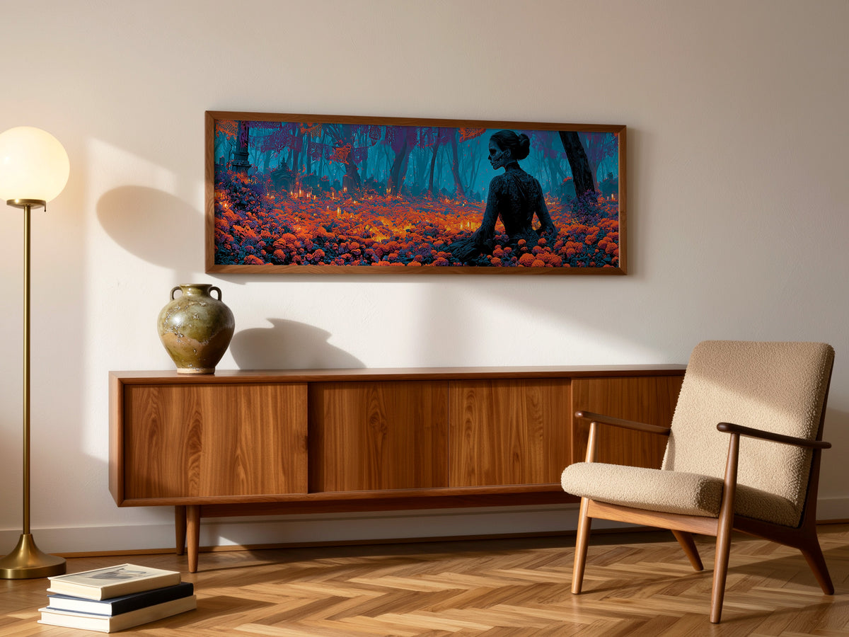 Sugar Skull Woman Marigold Forest Panoramic Canvas Print, Day of the Dead Blue Orange Wall Art, Macabre Room Decor