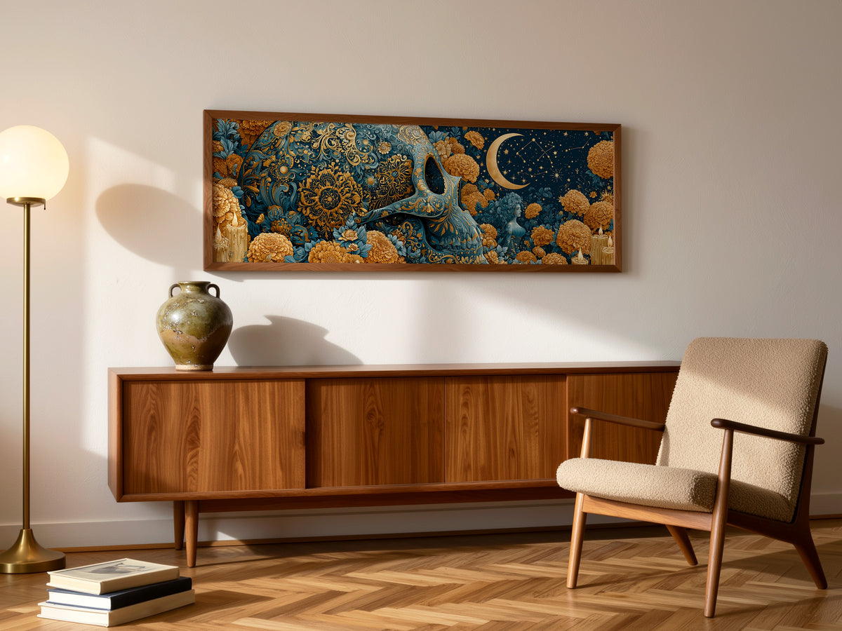 Sugar Skull Gold Teal Marigold Panoramic Canvas Print, Day of the Dead Celestial Wall Art, Horizontal Gothic Wall Decor