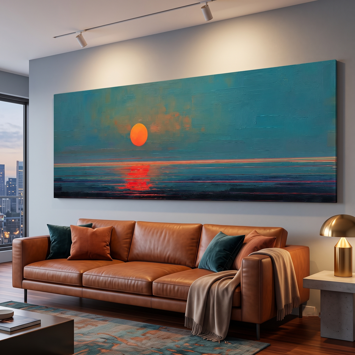 Modern Sunset Panoramic Canvas Print, Minimalist Coastal Wall Decor for Living Room
