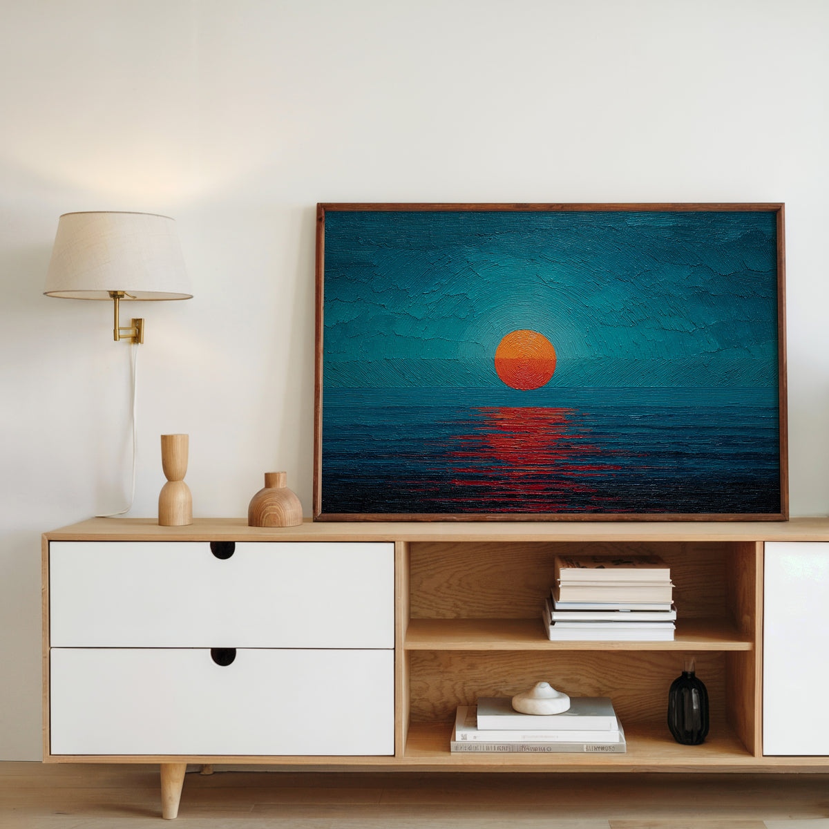 Minimalist Teal Orange Sun Seascape Canvas Print, Abstract Impasto Ocean Sunset Wall Art, Entryway Wall Decor