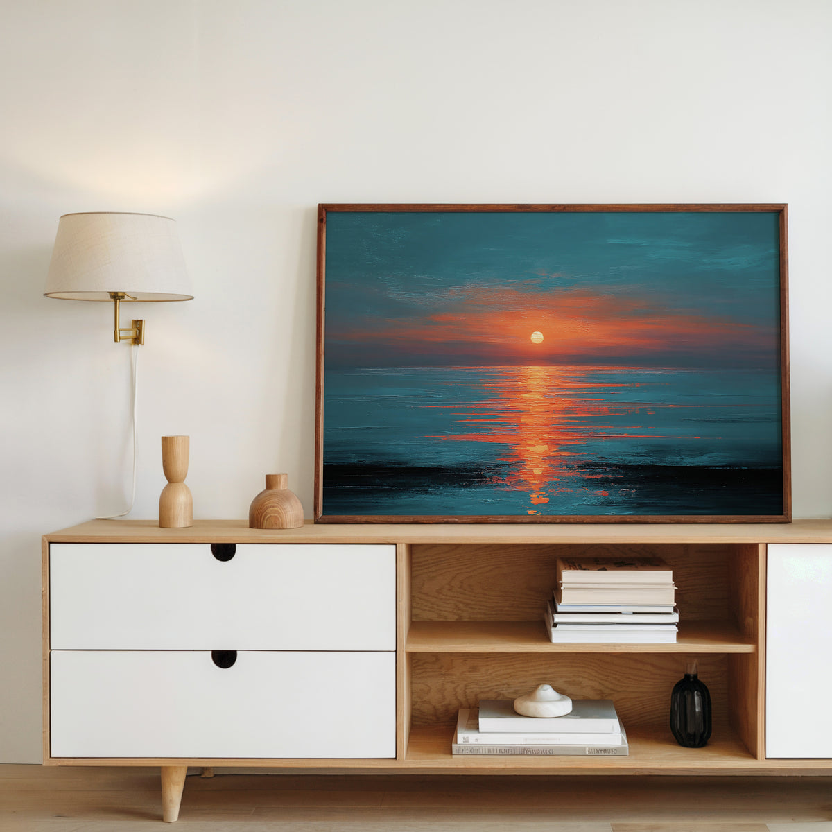 Dramatic Ocean Sunset Teal Orange Canvas Print, Glowing Sun Reflection Seascape Wall Art, Oil Painting Style, Extra Large Home Office Decor