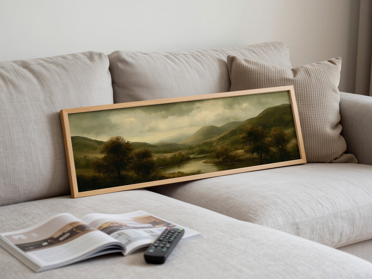 Moody Dark Green Valley Landscape Panoramic Canvas Print, Olive Rolling Hills Wall Art