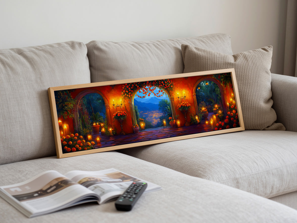Mexican Courtyard Twilight Panoramic Canvas Print, Marigold Archway Sunset Landscape Wall Art