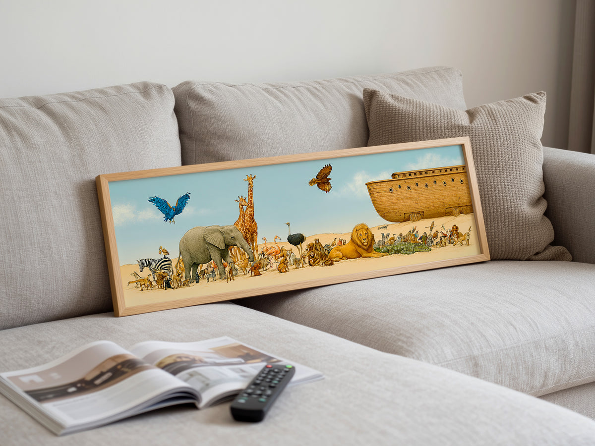 Whimsical Noah's Ark Wildlife Panoramic Canvas Print, Biblical Wildlife Wall Art, Extra Large Kids Nursery Decor