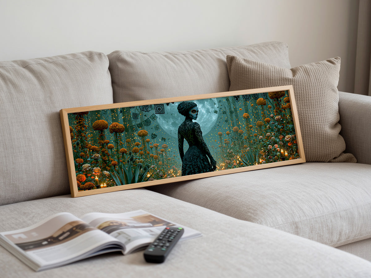 Day of the Dead Woman Moonlight Panoramic Canvas Print, Dia de Muertos Wall Art, Mexican Folk Art Decor