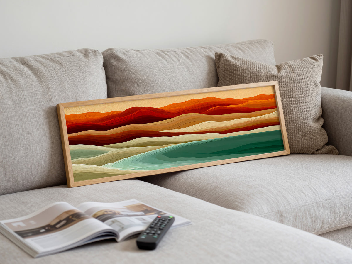 Terracotta Teal Abstract Landscape Panoramic Canvas Print, Earthy Wave Wall Art, Mid Century Minimalist Decor