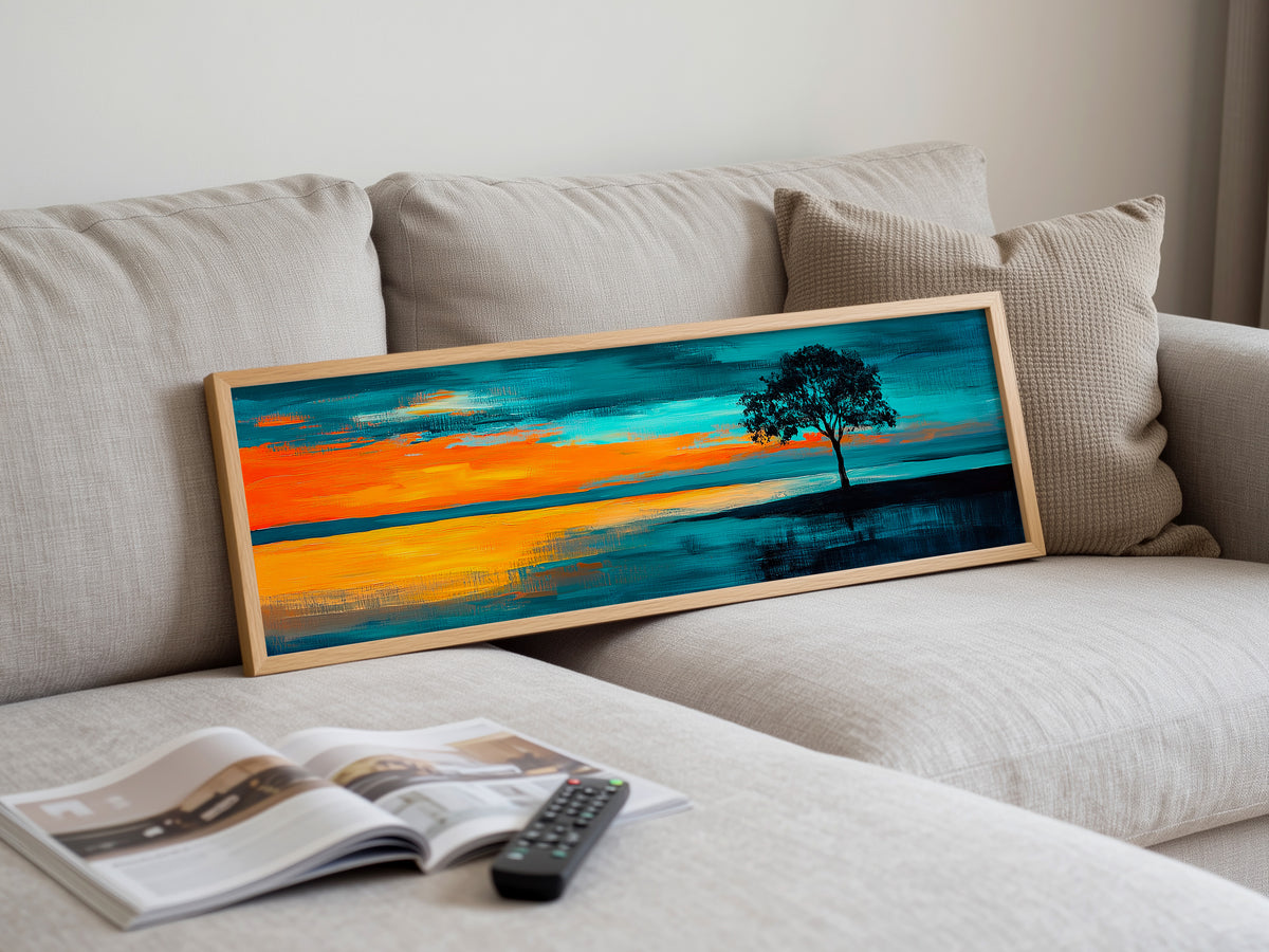 Dramatic Lone Tree Teal Orange Sky Panoramic Canvas Print, Abstract Sunset Landscape Wall Art, Silhouette Oversized Horizon Art Decor