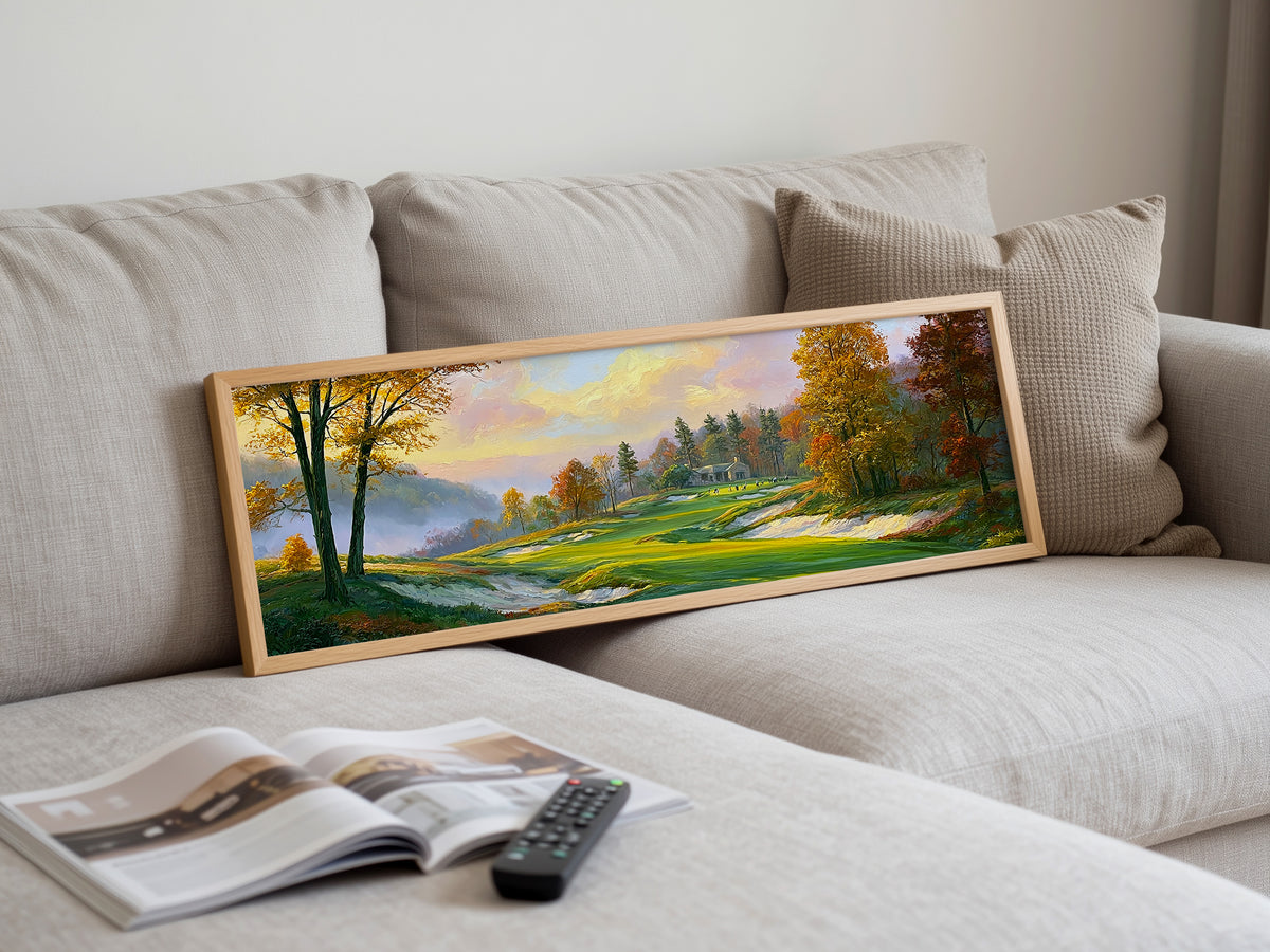 Golf Course Autumn Landscape Panoramic Canvas Print, Green Fairway Fall Foliage Wall Art, Golf Lover Home Decor