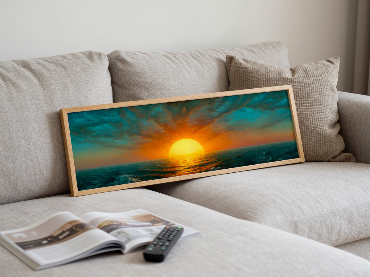 Ocean Sunset Panoramic Canvas Print, Teal Orange Sun Wall Art