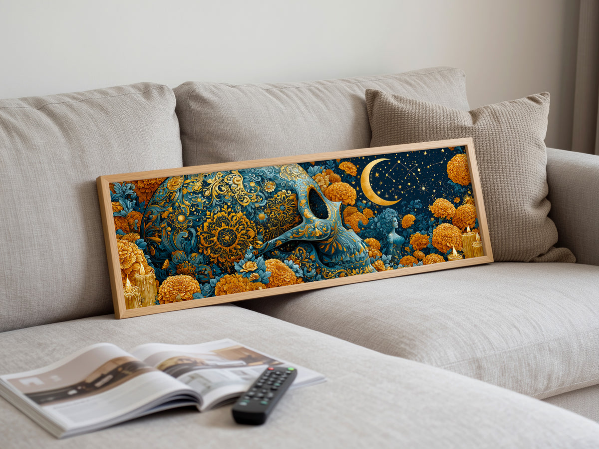Sugar Skull Gold Teal Marigold Panoramic Canvas Print, Day of the Dead Celestial Wall Art, Horizontal Gothic Wall Decor