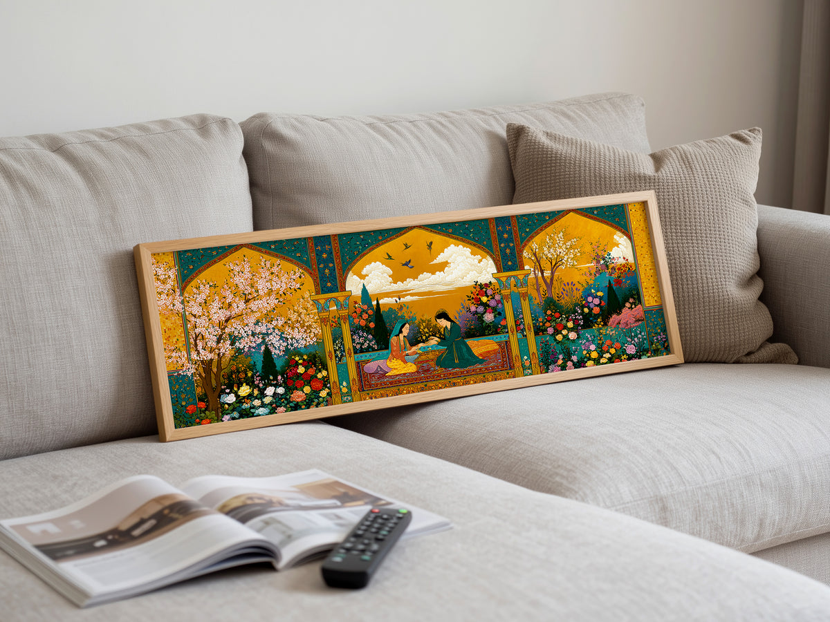 Persian Garden Women Tea Ceremony Panoramic Canvas Print, Islamic Miniature Gold Floral Wall Art, Exotic Middle Eastern Decor