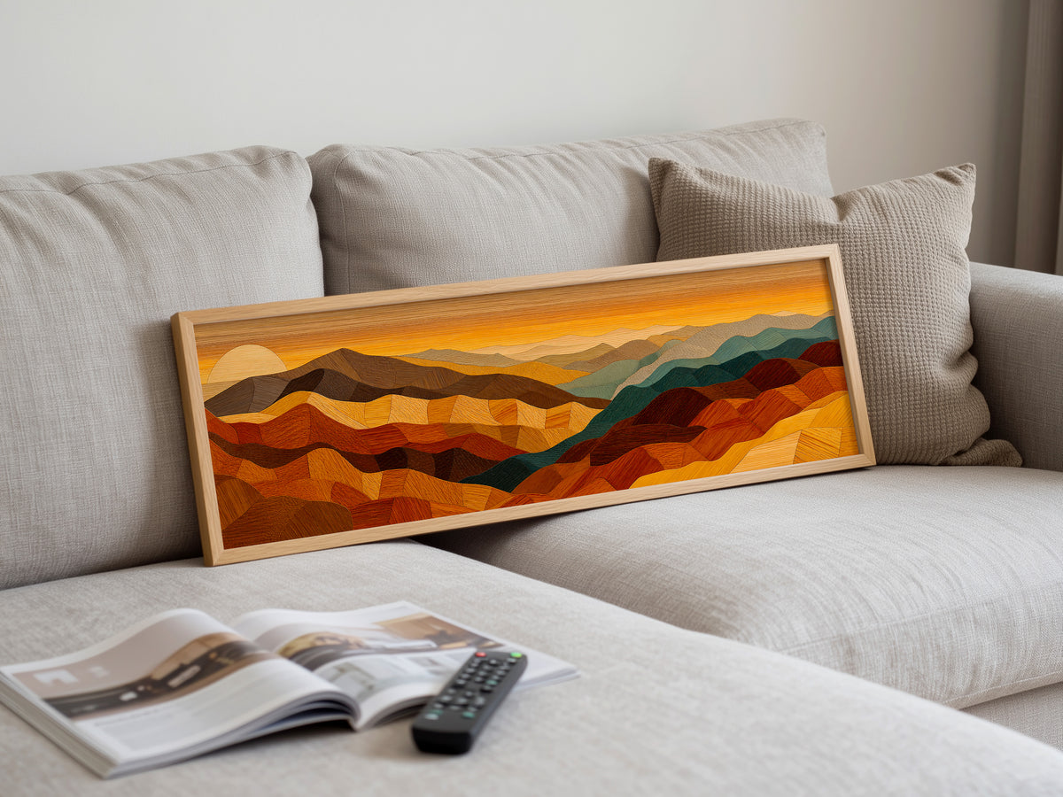 Wood Mosaic Desert Mountain Landscape Panoramic Canvas Print, Earthy Terracotta Teal Geometric Desert Wall Art, Over Bed Room Decor