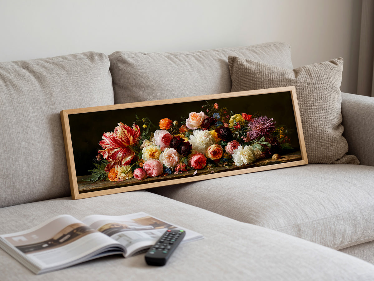 Dutch Golden Age Floral Still Life Panoramic Canvas Print, Vintage Botanical Flowers Wall Art, Dark Academia Living Room Decor