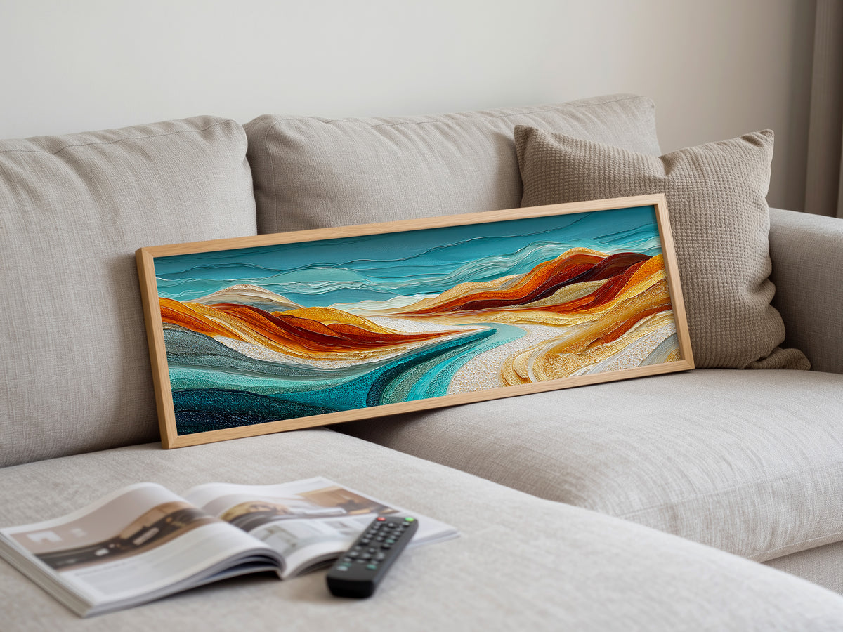 Sculptural Desert Wave Panoramic Canvas Print, Teal Orange Abstract Wall Art, Minimalist Nature Office Art Decor