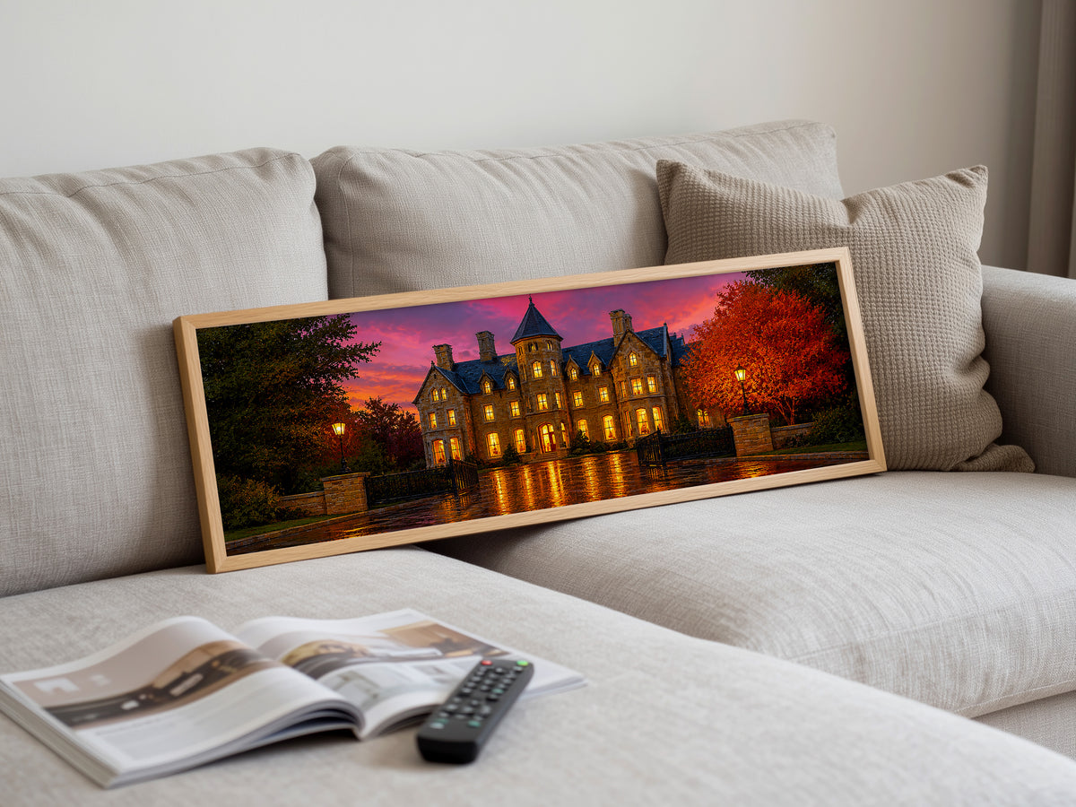 Haunted Mansion Autumn Night Panoramic Canvas Print, Victorian Gothic Castle Wall Art, Dark Academia Moody Pink Sky Decor