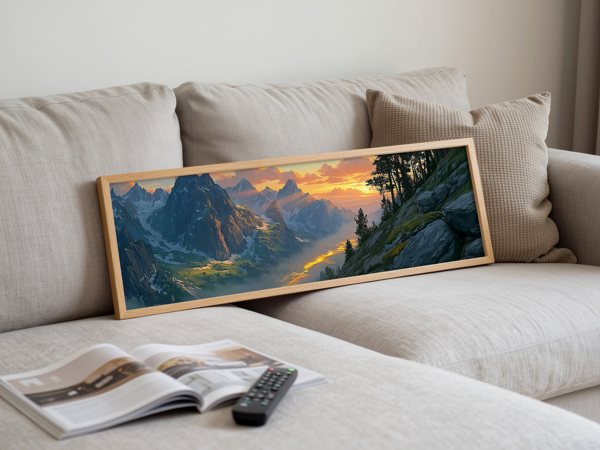 Alpine Mountain Valley Sunset Panoramic Canvas Print, Snow Peak Pine Forest Wall Art, Majestic Wilderness Winter Decor