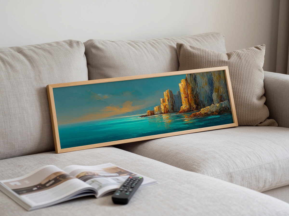 Mediterranean Turquoise Ocean Cliff Panoramic Canvas Print, Teal Gold Coastal Seascape Wall Art, Golden Rock Coastal Decor
