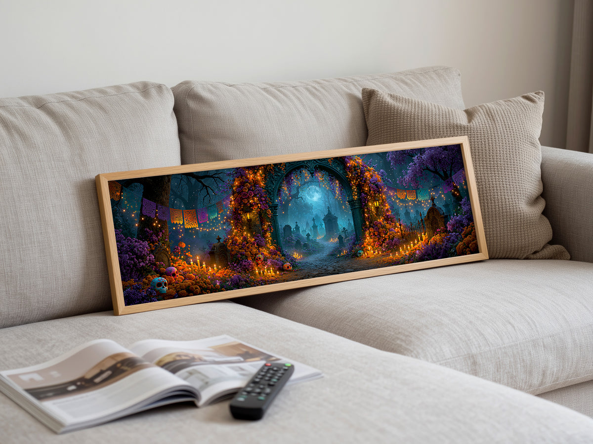 Dia de Muertos Cemetery Arch Marigold Panoramic Canvas Print, Day of the Dead Purple Moon Wall Art, Celestial Moonlit Graveyard Decor