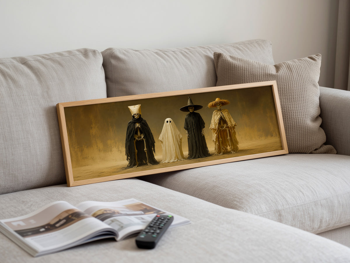 Spooky Halloween Costume Crew Panoramic Canvas Print, Skeleton Ghost Crew Wall Art