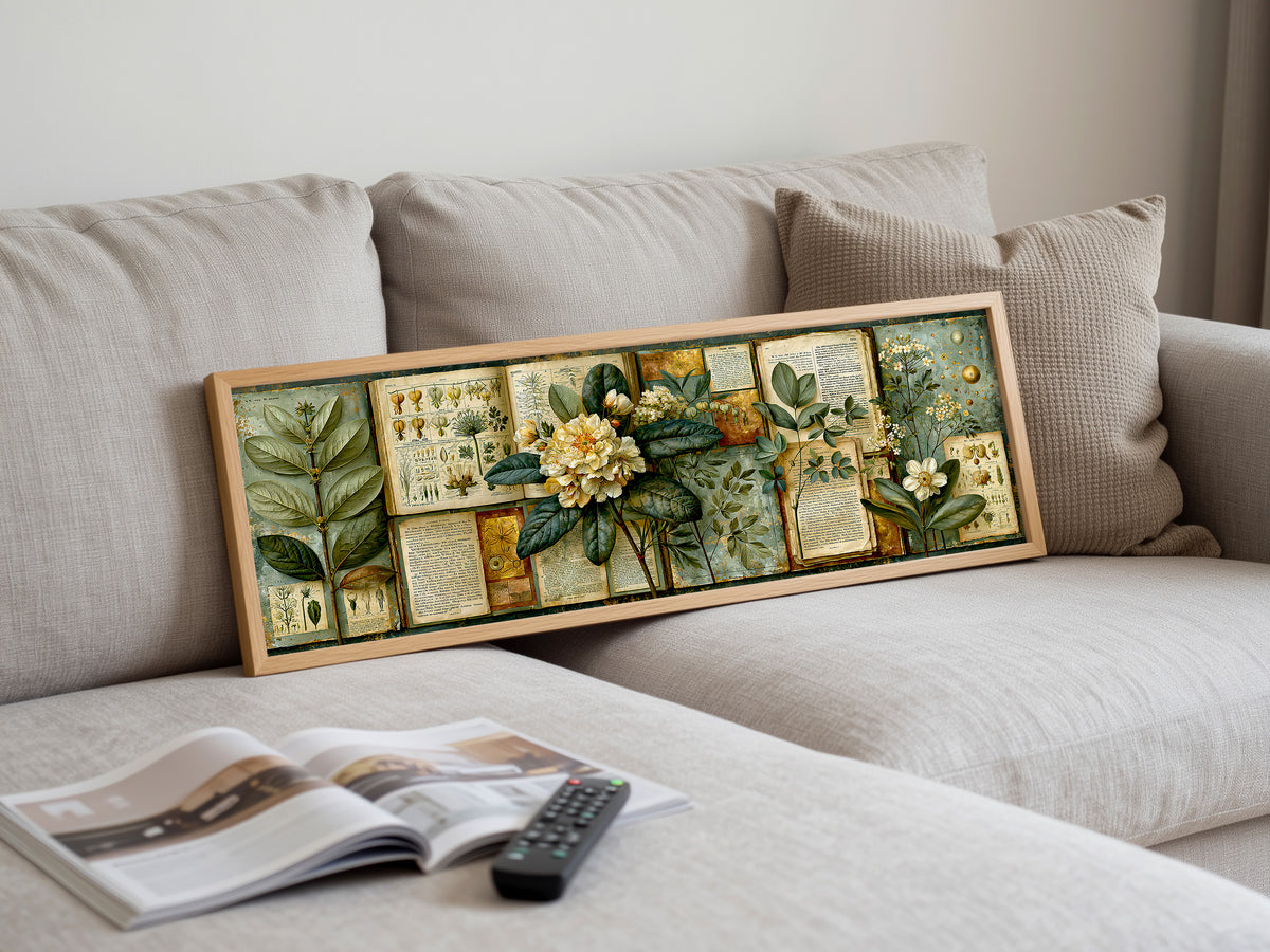 Vintage Botanical Book Page Panoramic Canvas Print, Academic Cottagecore Antique Floral Collage Wall Art, Dark Academia Library Decor