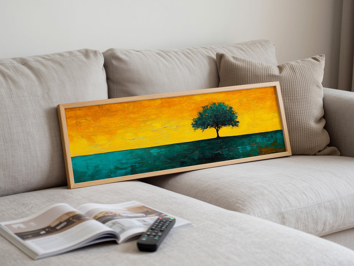 Minimalist Lone Tree Abstract Landscape Panoramic Canvas Print, Teal Yellow Gold Modern Nature Home Wall Art, Contemporary Decor