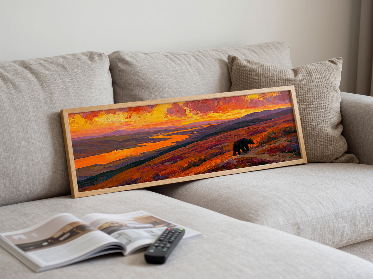 Grizzly Bear Autumn Landscape Panoramic Canvas Print, Orange Sunset Mountain Wall Art, Wildlife Rustic Home Decor