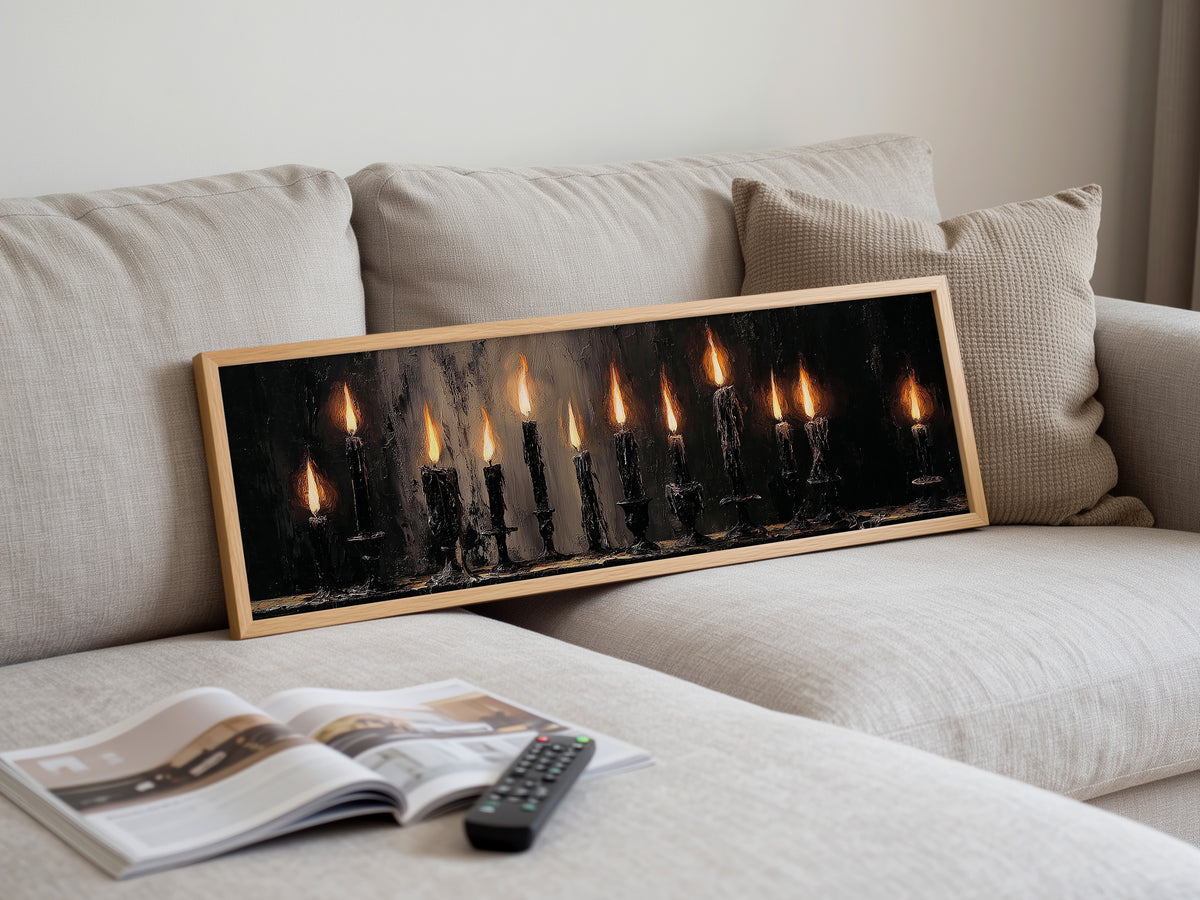 Gothic Dark Academia Moody Flame Panoramic Canvas Print, Burning Black Candles Wall Art