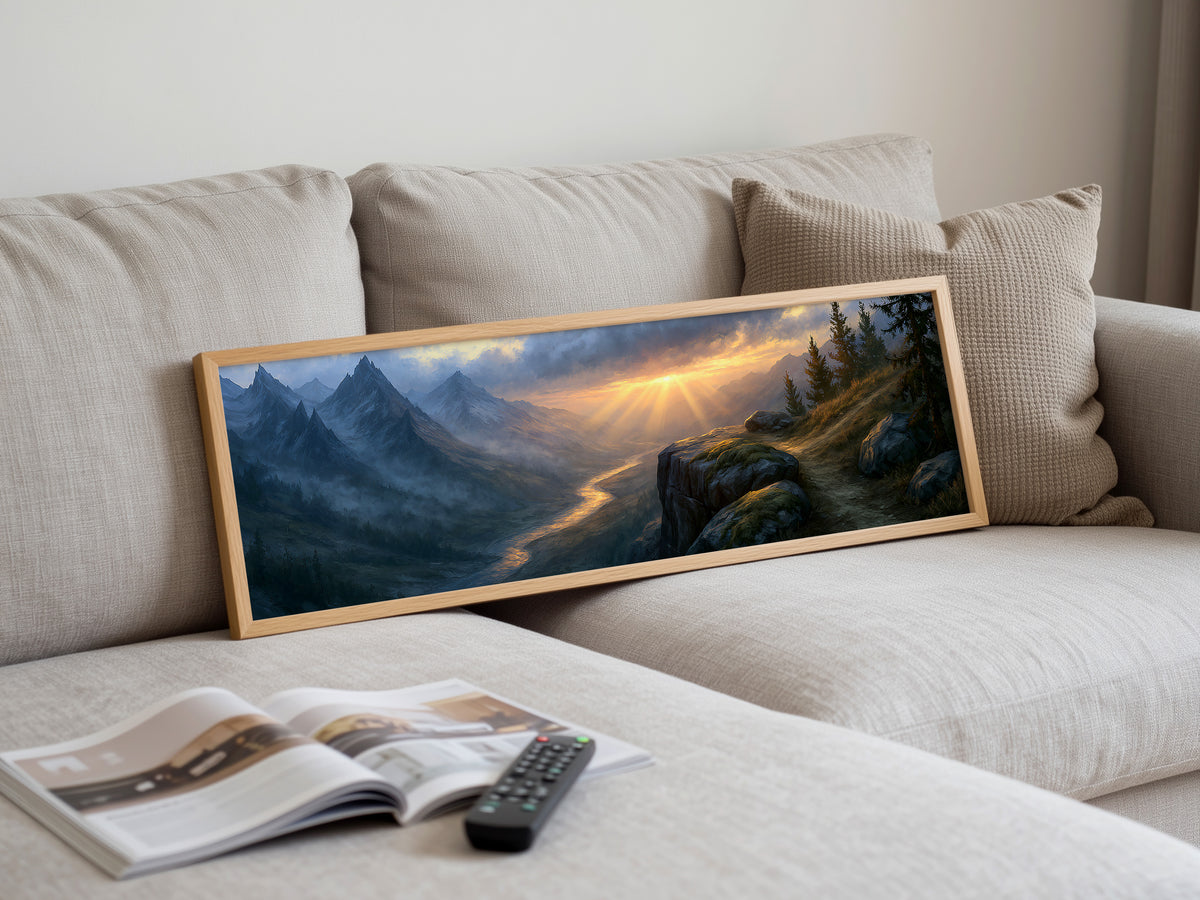 Alpine Mountain Valley Sunrise Panoramic Canvas Print, Golden Light Ray Landscape Wall Art, Rustic Living Room Canvas Decor