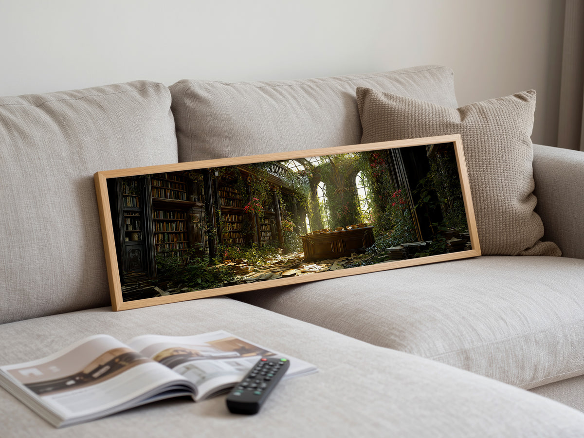 Dark Academia Overgrown Library Panoramic Canvas Print, Enchanted Abandoned Bookshelf Wall Art,