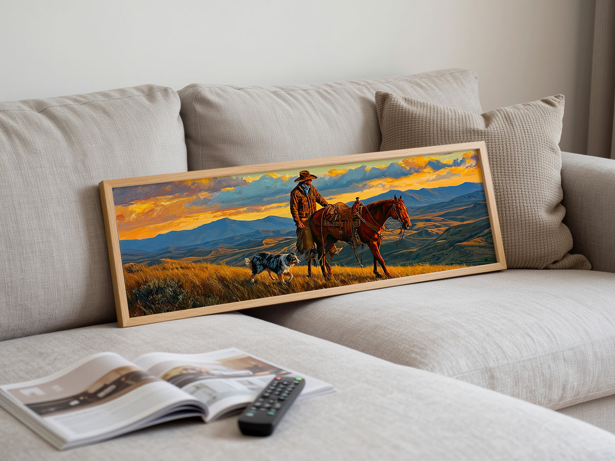 Western Cowboy Horse Dog Sunset Panoramic Canvas Print, Mountain Ranch Panoramic Wall Art, Rustic Country Ranch Decor