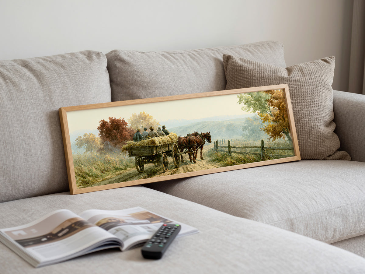 Vintage Horse Wagon Countryside Panoramic Canvas Print, Autumn Landscape Rustic Farmhouse Wall Art, Country Home Art Decor