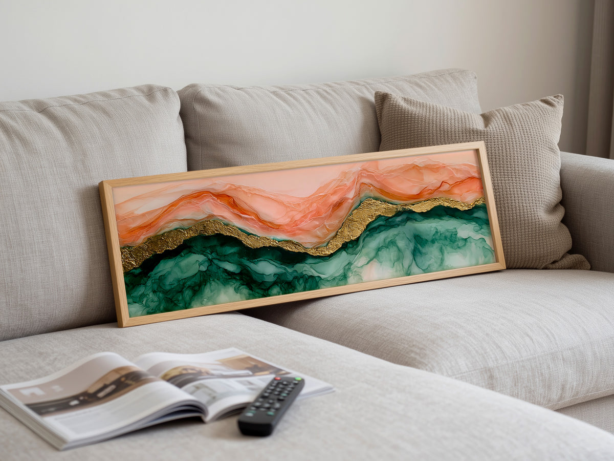 Blush Pink Gold Marble Fluid Panoramic Canvas Print, Abstract Alcohol Ink Emerald Green Mountain Wall Art, Luxury Wall Decor