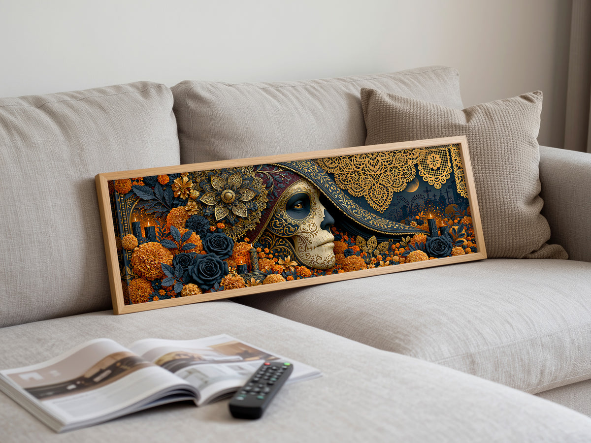 Gold Navy Sugar Skull Woman Marigold Panoramic Canvas Print, Luxury Day of the Dead Lace Wall Art, Gothic Floral Decor