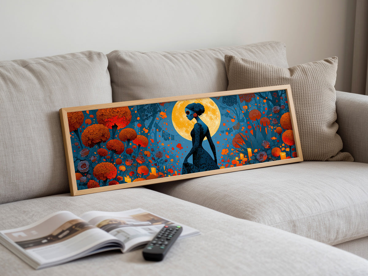 Day of the Dead Woman Marigold Moon Panoramic Canvas Print, Dia de Muertos Teal Wall Art, Moody Halloween Decor