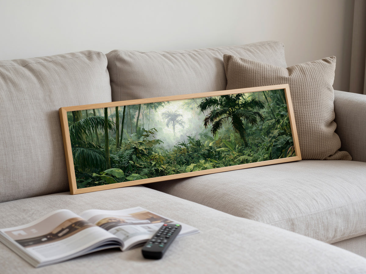 Misty Tropical Jungle Panoramic Canvas Print, Lush Green Rainforest Wall Art, Extra Large Biophilic Modern Home Decor