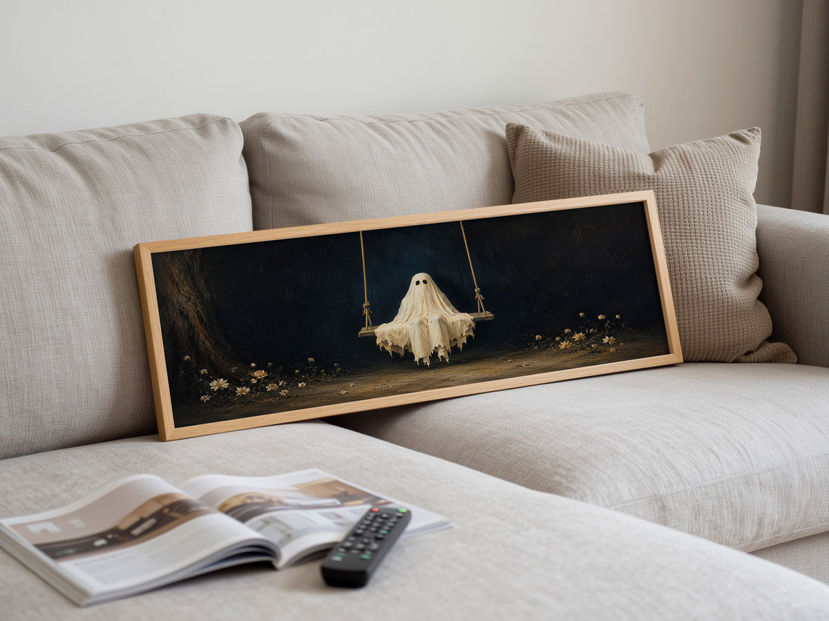 Ghost on Swing Panoramic Canvas Print, Cute Vintage Spooky Floral Wall Art