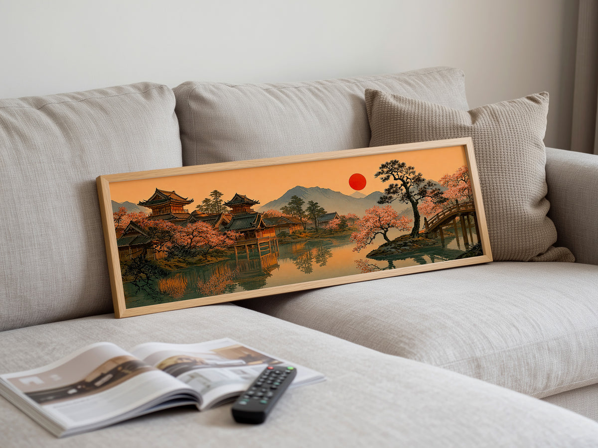Japanese Garden Temple Panoramic Canvas Print, Cherry Blossom Red Sun Wall Art